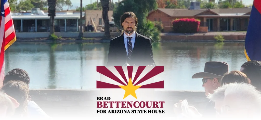 Brad Bettencourt speaking at an event with his logo overlayed on a white gradient